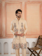 Tendy Beige Wedding Special Koti Kurta Set for Mens Wear
