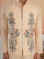 Tendy Beige Wedding Special Koti Kurta Set for Mens Wear
