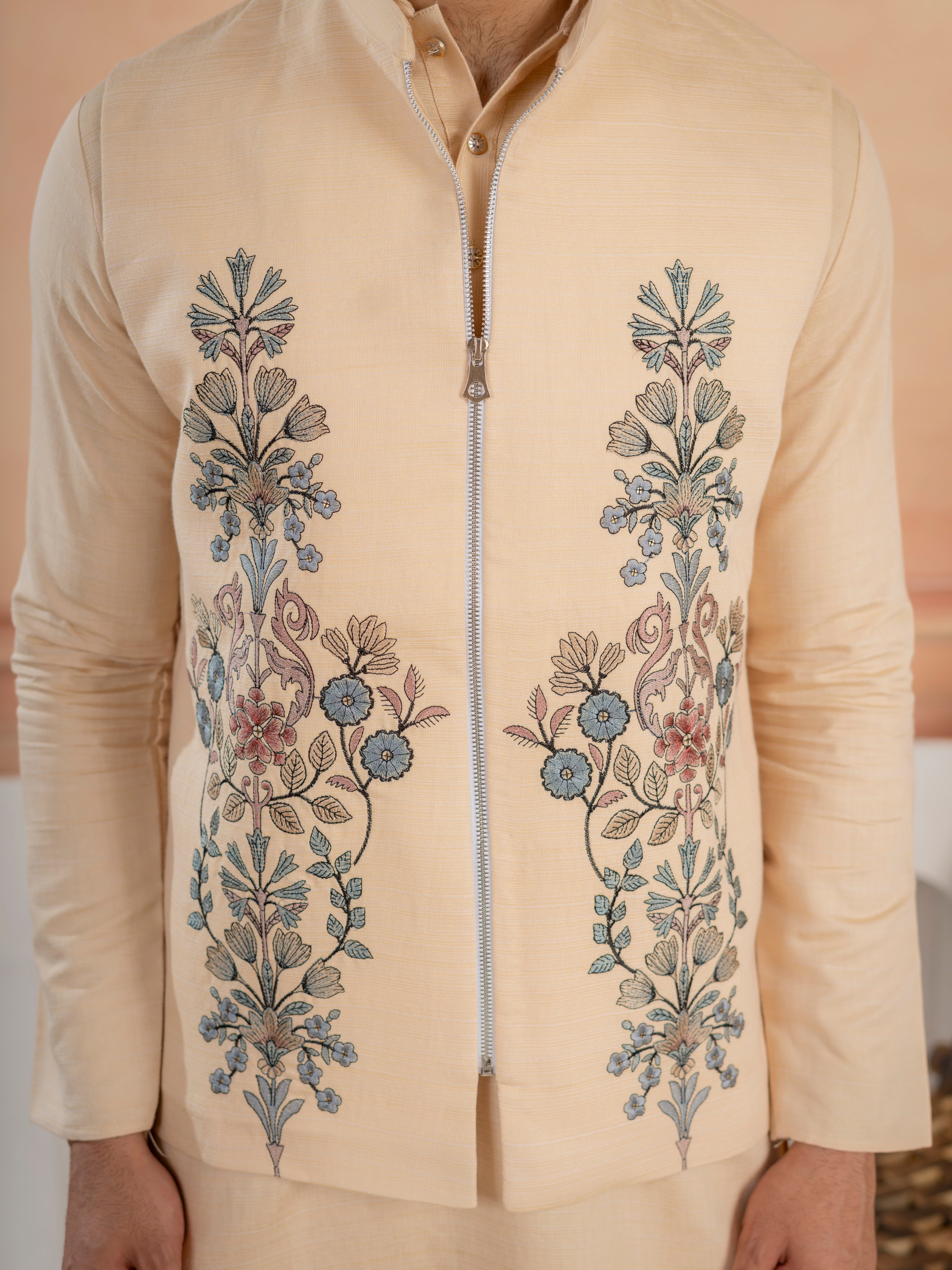 Tendy Beige Wedding Special Koti Kurta Set for Mens Wear
