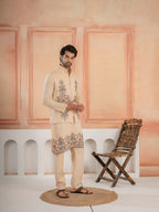 Tendy Beige Wedding Special Koti Kurta Set for Mens Wear
