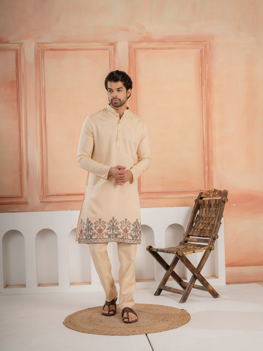Tendy Beige Wedding Special Koti Kurta Set for Mens Wear
