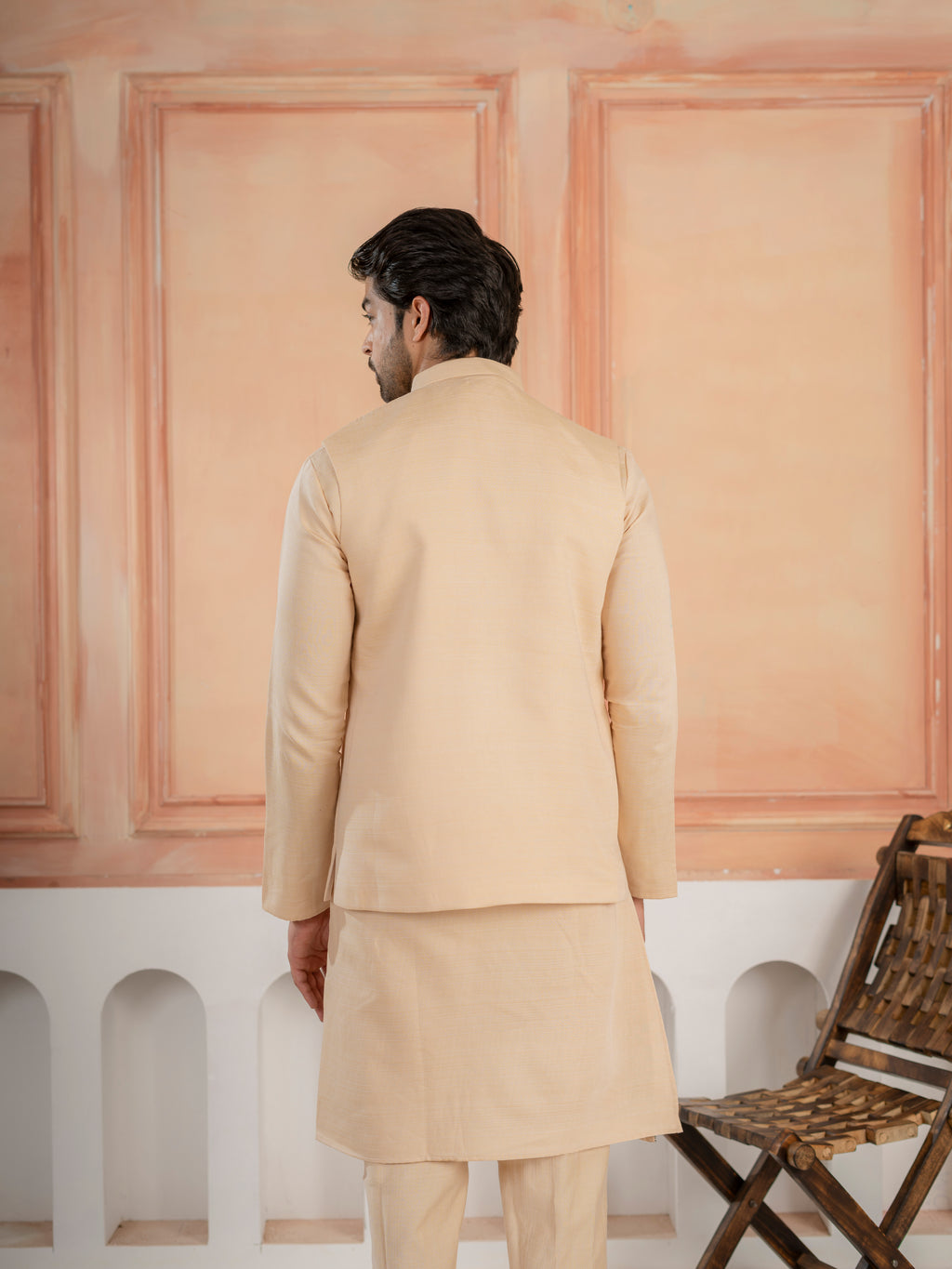 Tendy Beige Wedding Special Koti Kurta Set for Mens Wear
