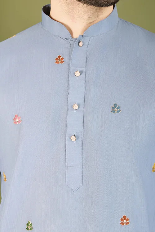 Sky Color Thread with Embroidered Cotton Gents Kurta