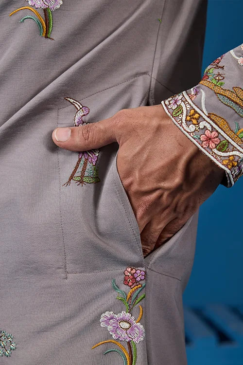 Classy Grey Embroidered Mens Kurta for Wedding Events
