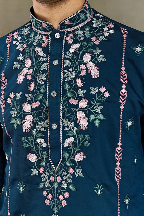 Teal Blue Embroidered Fancy Kurta for Men