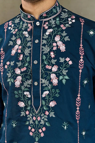 Teal Blue Embroidered Fancy Kurta for Men