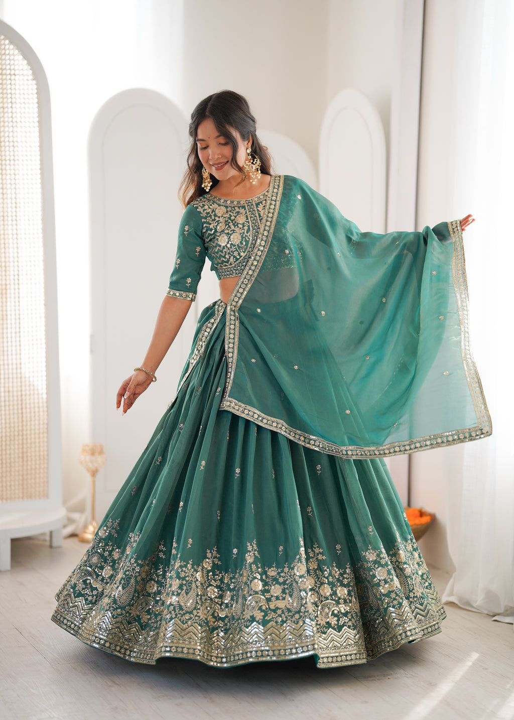 Wedding Special Shimmer Silk Thread Sequence Work Lehenga Choli Set
