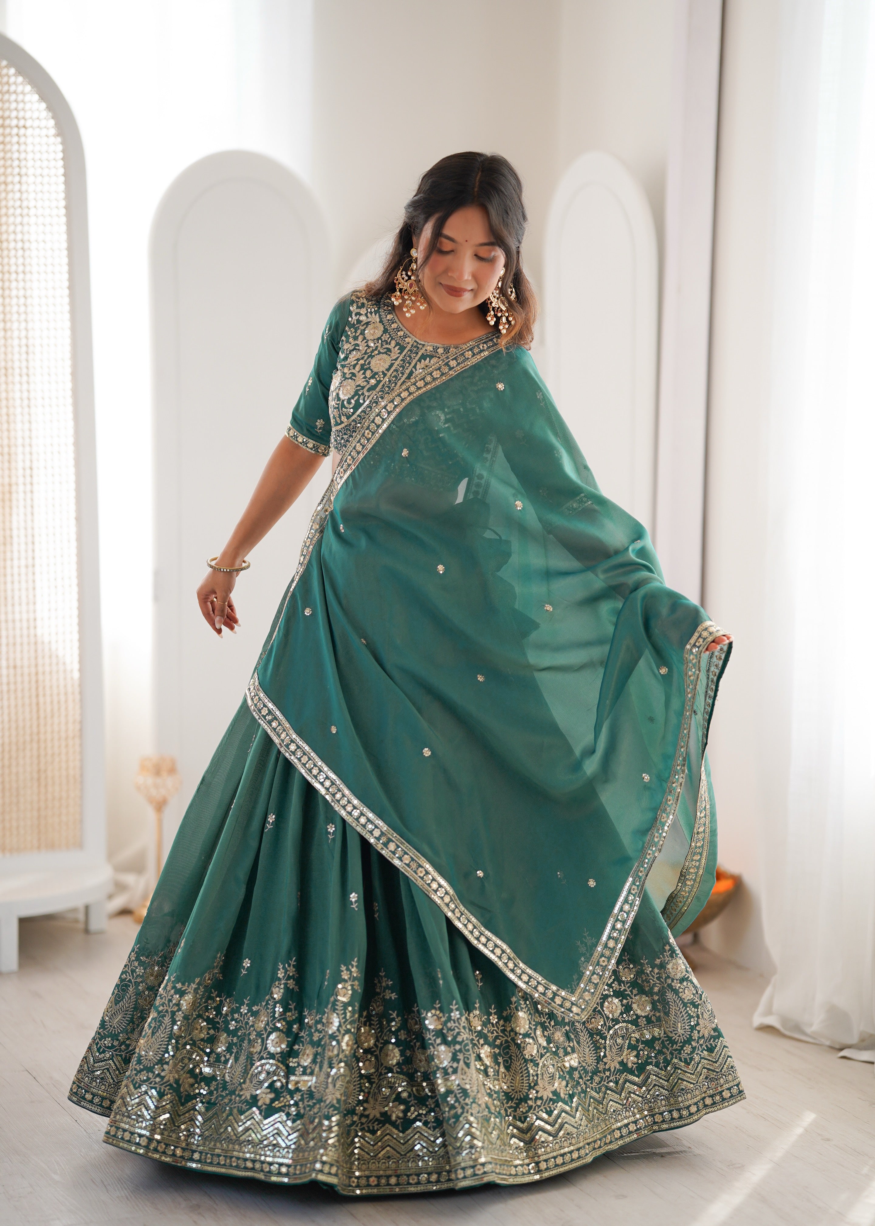 Wedding Special Shimmer Silk Thread Sequence Work Lehenga Choli Set
