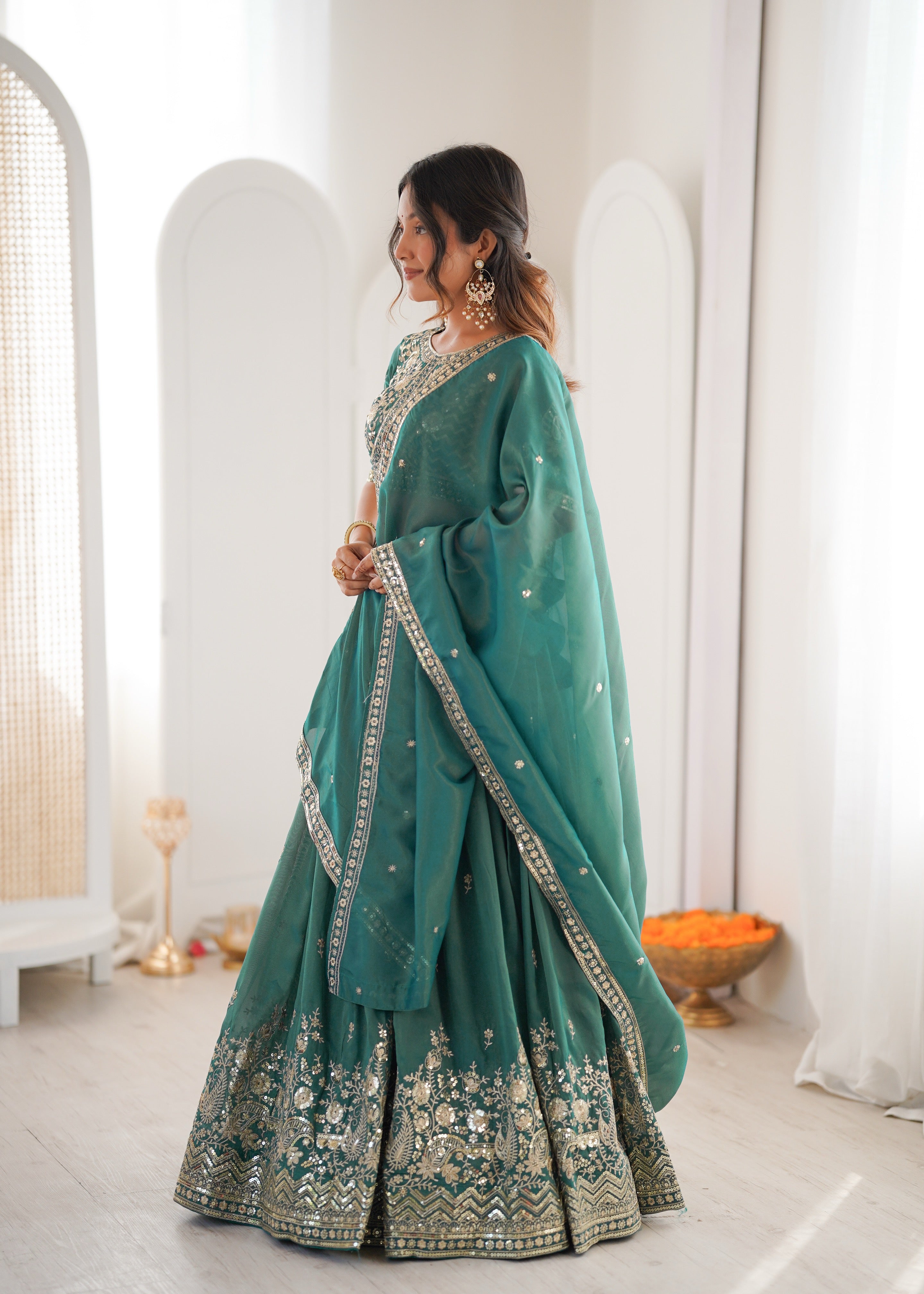 Wedding Special Shimmer Silk Thread Sequence Work Lehenga Choli Set
