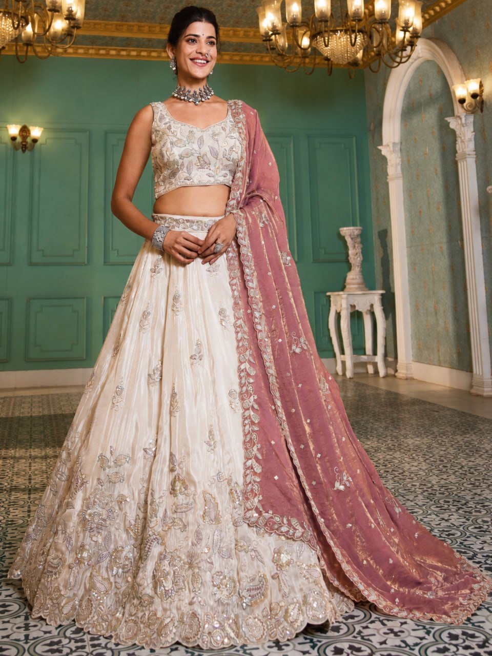 Designer Pure Tissue Dori and Sequins Work Lehenga Set with Fendi Dupatta
