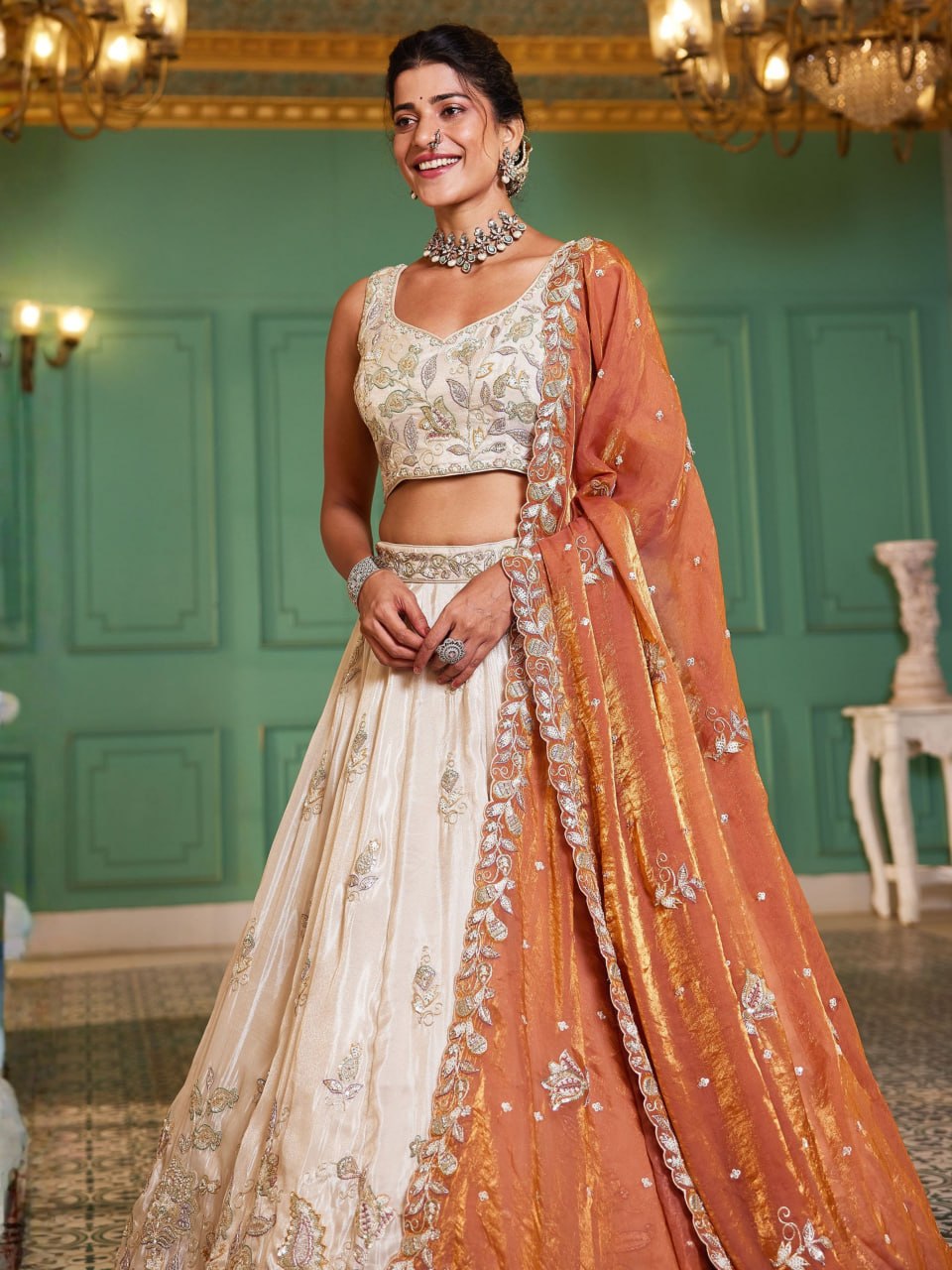 Designer Pure Tissue Dori and Sequins Work Lehenga Set with Fendi Dupatta
