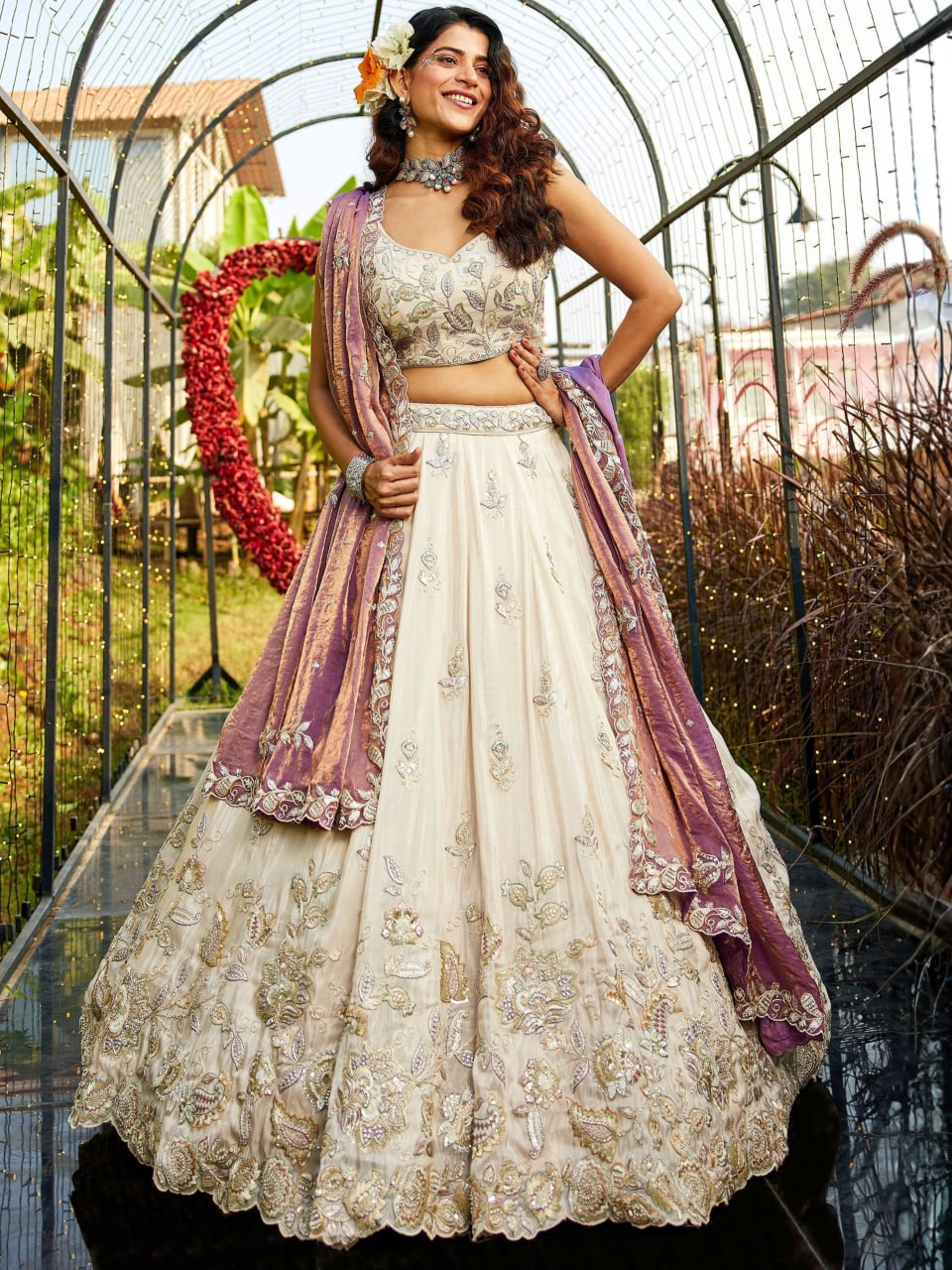 Designer Pure Tissue Dori and Sequins Work Lehenga Set with Fendi Dupatta
