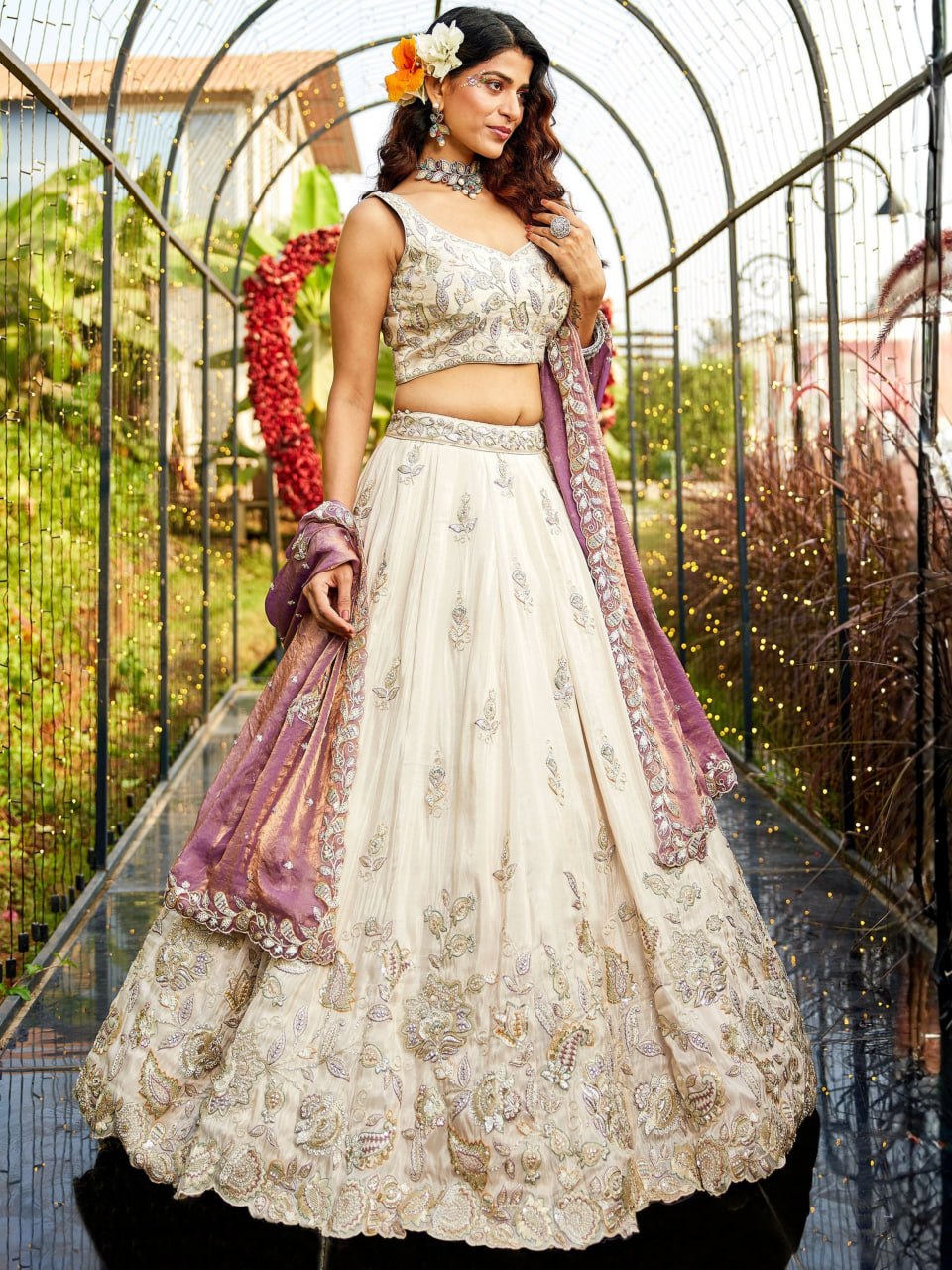 Designer Pure Tissue Dori and Sequins Work Lehenga Set with Fendi Dupatta
