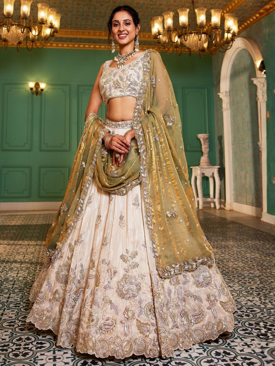 Designer Pure Tissue Dori and Sequins Work Lehenga Set with Fendi Dupatta
