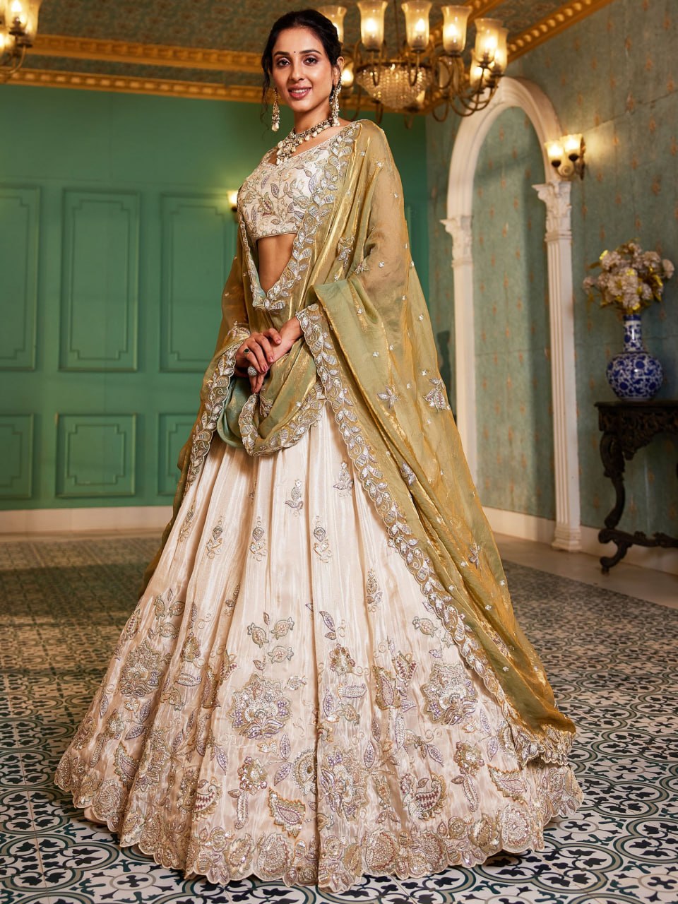 Designer Pure Tissue Dori and Sequins Work Lehenga Set with Fendi Dupatta
