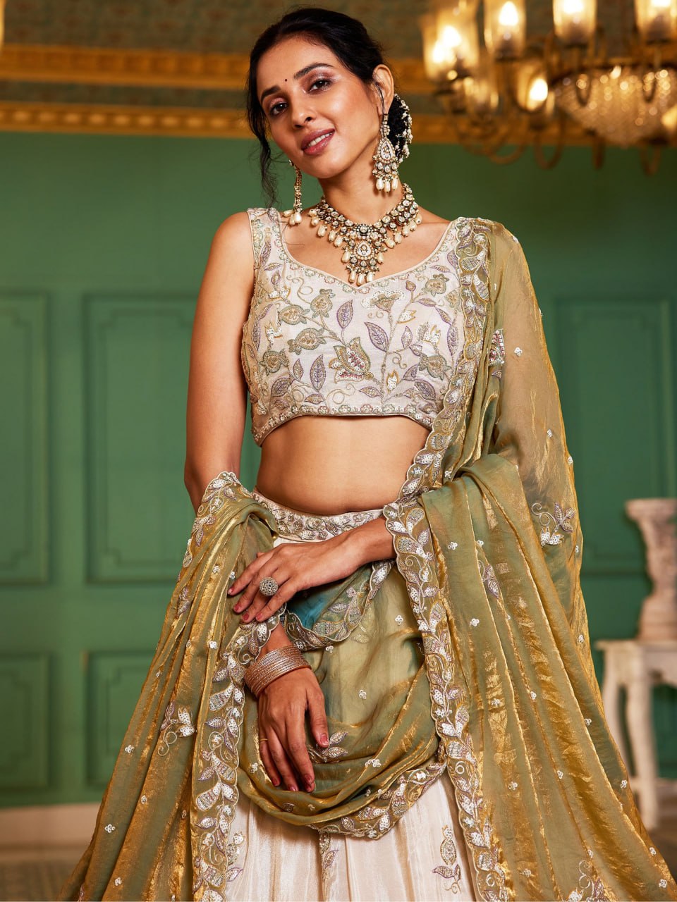 Designer Pure Tissue Dori and Sequins Work Lehenga Set with Fendi Dupatta
