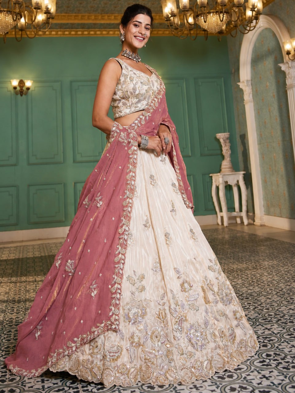 Designer Pure Tissue Dori and Sequins Work Lehenga Set with Fendi Dupatta
