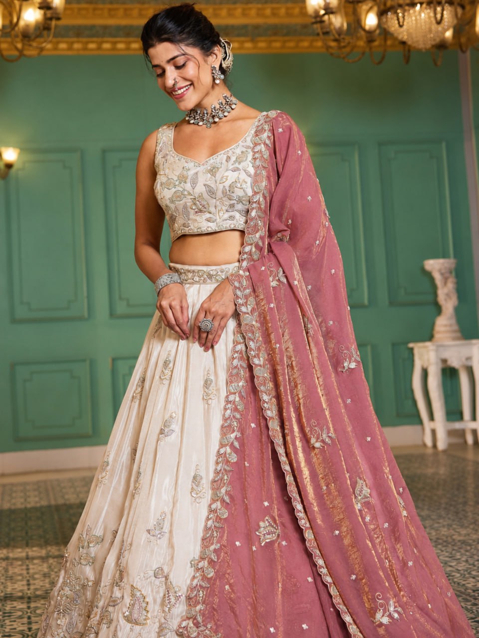 Designer Pure Tissue Dori and Sequins Work Lehenga Set with Fendi Dupatta
