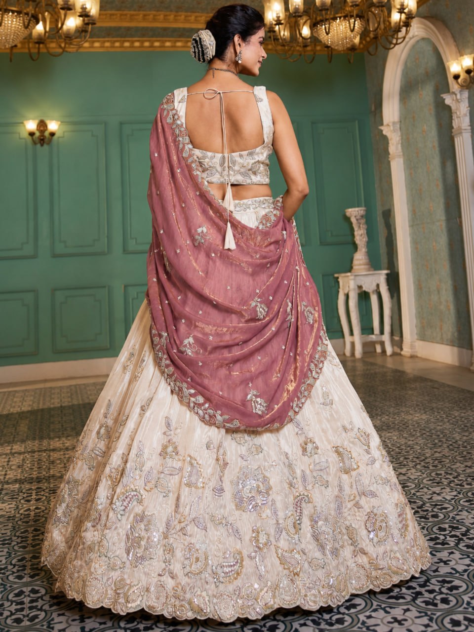 Designer Pure Tissue Dori and Sequins Work Lehenga Set with Fendi Dupatta
