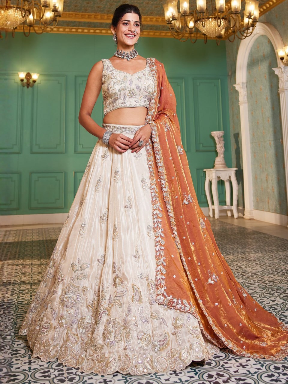 Designer Pure Tissue Dori and Sequins Work Lehenga Set with Fendi Dupatta
