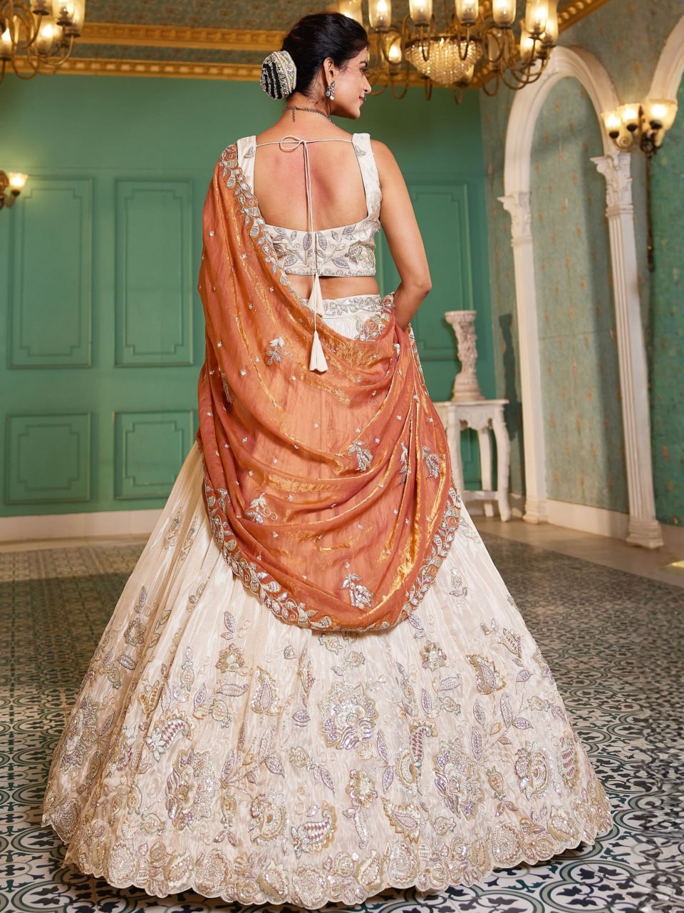 Designer Pure Tissue Dori and Sequins Work Lehenga Set with Fendi Dupatta
