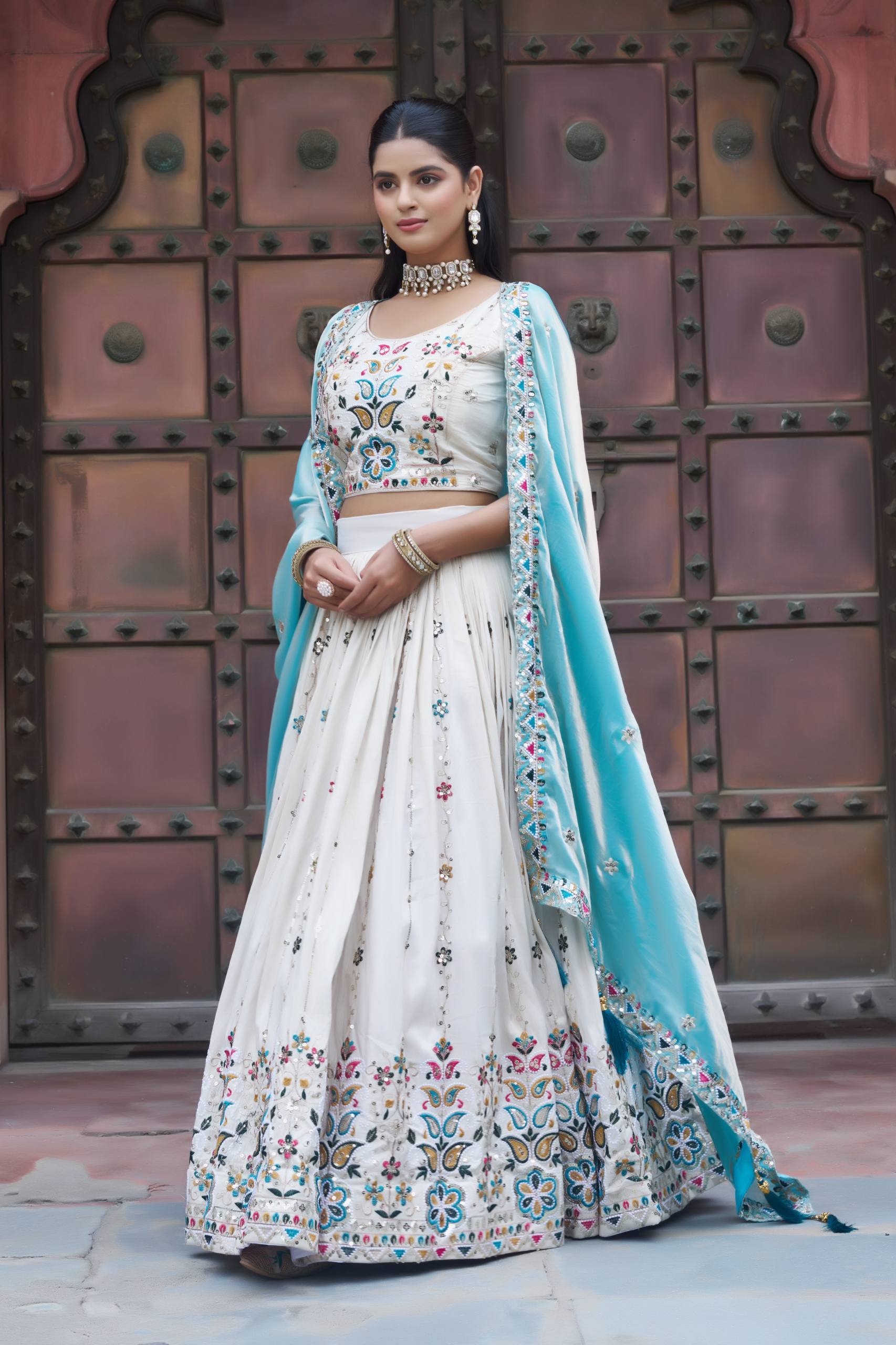 Stunning Pure Tissue Silk Embroidered Lehenga Choli Set With Pure Fendy Dupatta