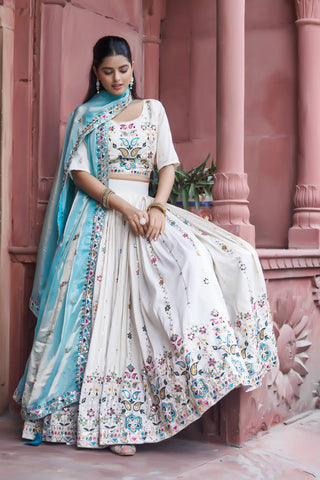 Stunning Pure Tissue Silk Embroidered Lehenga Choli Set With Pure Fendy Dupatta