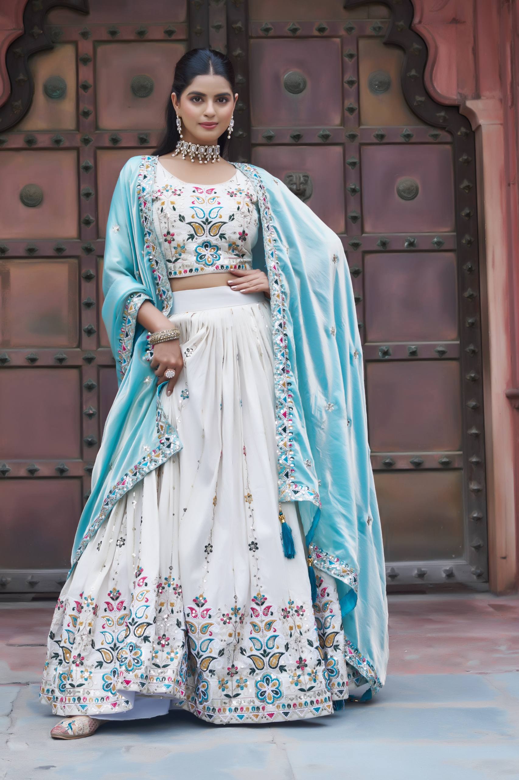 Stunning Pure Tissue Silk Embroidered Lehenga Choli Set With Pure Fendy Dupatta