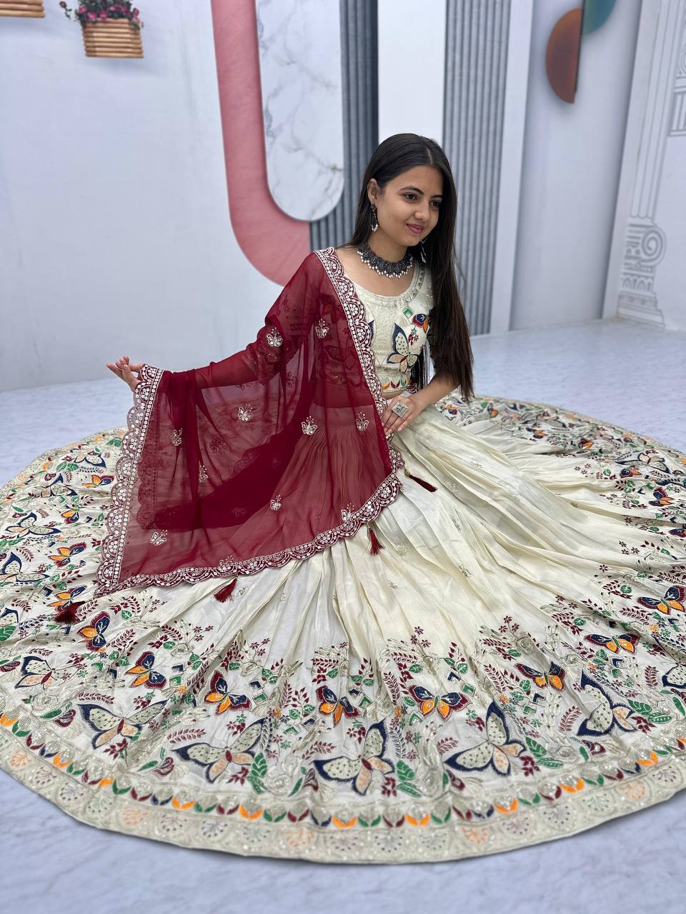 Premium Festive Wear Tissue Silk Embroidery Thread & Sequence Work Ready to Wear Lehenga Choli
