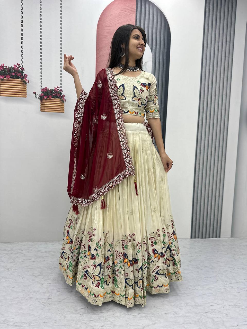 Premium Festive Wear Tissue Silk Embroidery Thread & Sequence Work Ready to Wear Lehenga Choli
