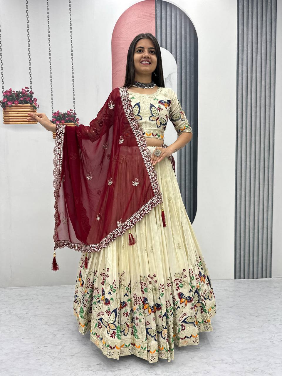 Premium Festive Wear Tissue Silk Embroidery Thread & Sequence Work Ready to Wear Lehenga Choli
