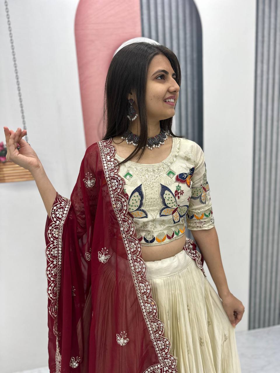 Premium Festive Wear Tissue Silk Embroidery Thread & Sequence Work Ready to Wear Lehenga Choli
