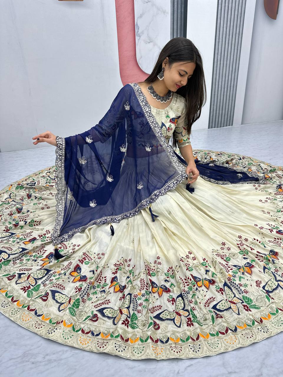 Premium Festive Wear Tissue Silk Embroidery Thread & Sequence Work Ready to Wear Lehenga Choli
