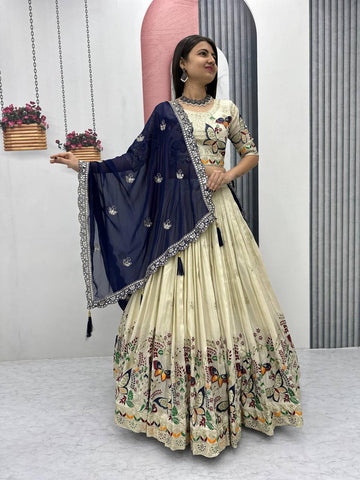 Premium Festive Wear Tissue Silk Embroidery Thread & Sequence Work Ready to Wear Lehenga Choli
