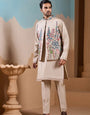 Elegant Fashionable Beige Koti Kurta Set for Mens Wear