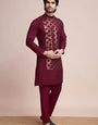 Traditional Embroidered Maroon Silk Kurta for Men