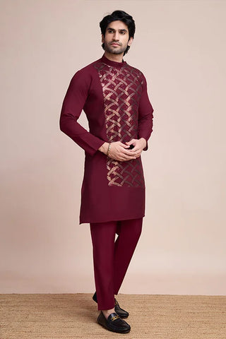 Traditional Embroidered Maroon Silk Kurta for Men