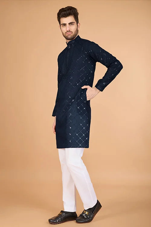 Navy Viscose Fabric Embroidered Traditional Kurta for Mens Wear