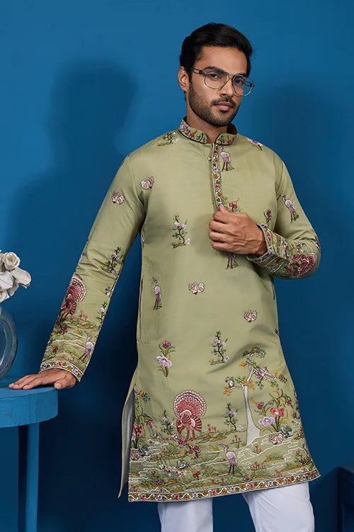 Traditional Pista Green Embroidered Kurta for Men