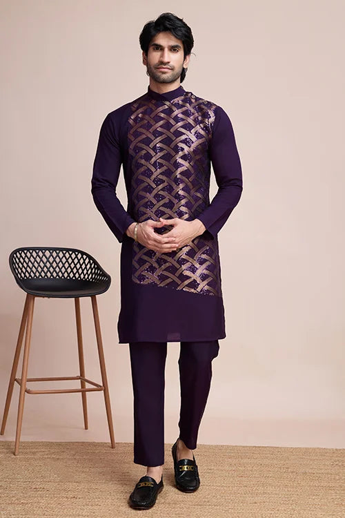 Traditional Purple Silk Kurta with Thread Work