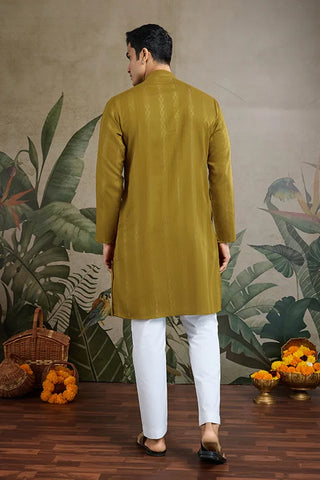 Silk Party Wear Rust Yellow Jari Work Kurta & Dupatta for Men's