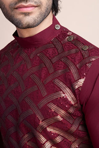 Traditional Embroidered Maroon Silk Kurta for Men