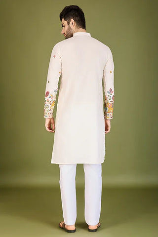 White Color Heavy Embroidered with Cotton Mens Wear Kurta