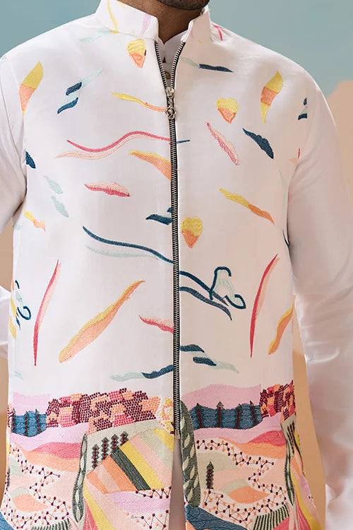 White Wedding Wear Carnival Koti Kurta Pair for Mens Wear