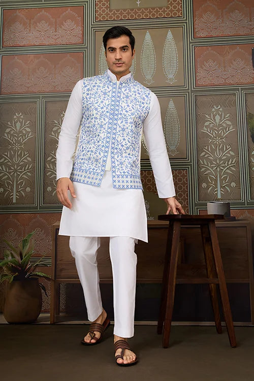 Traditional White Kurta Blue Koti Pajama for Men
