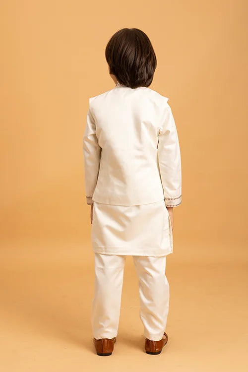 Premium White Mirror Work Koti Kurta Set for Boys