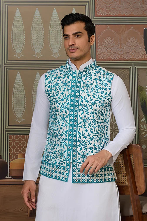 Traditional White Kurta with Teal Green Koti for Men