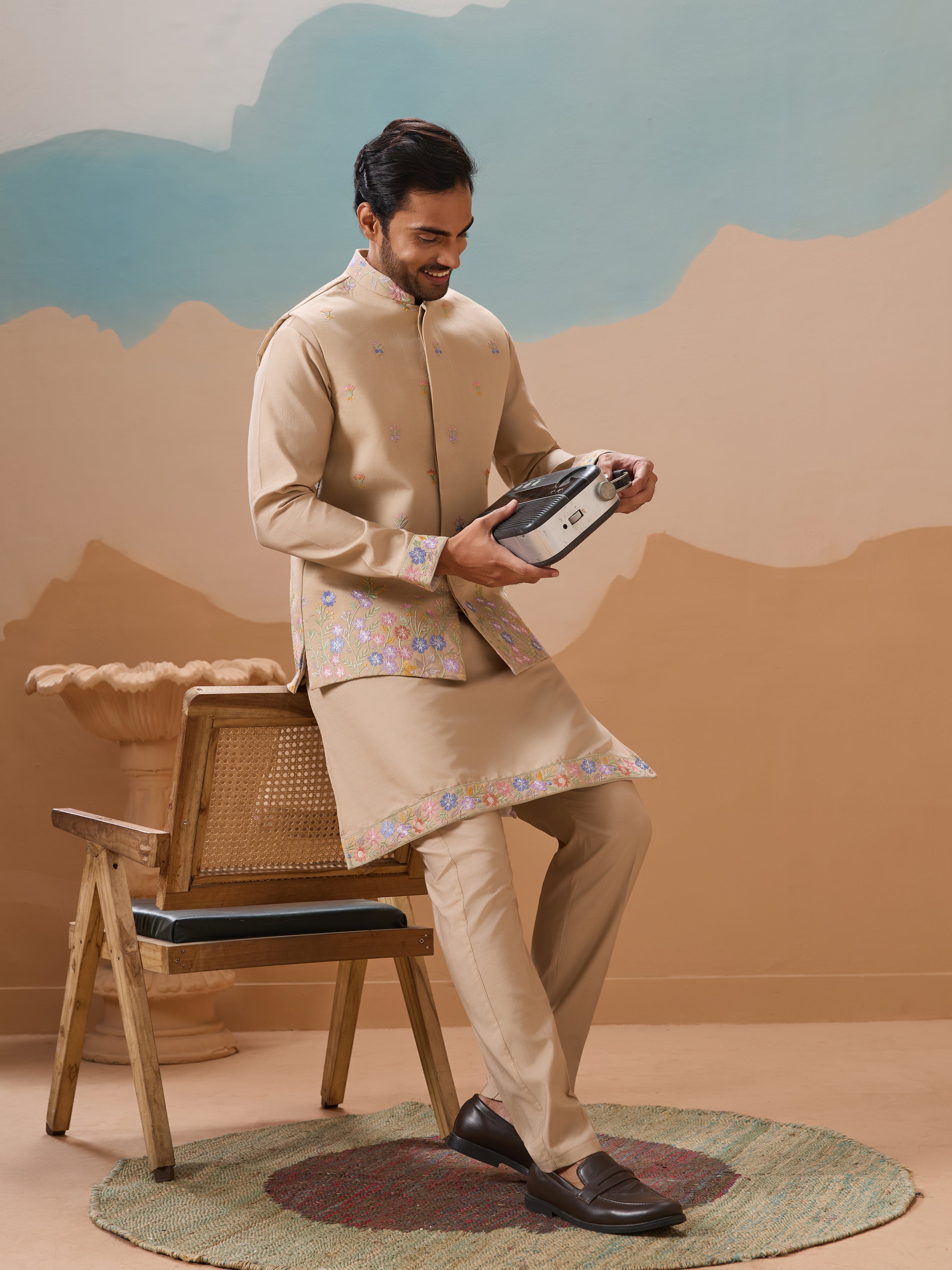 Celebration Beige Kurta Jacket and Pant Wedding Outfit for Men
