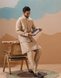 Celebration Beige Kurta Jacket and Pant Wedding Outfit for Men