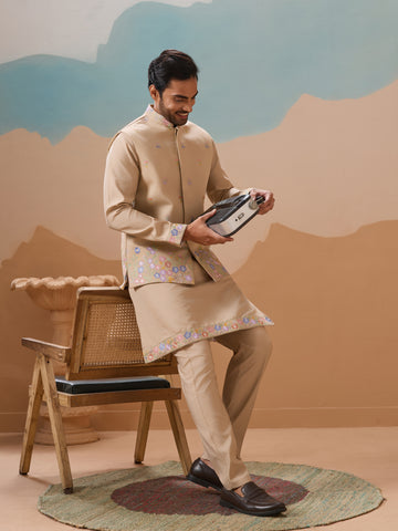 Celebration Beige Kurta Jacket and Pant Wedding Outfit for Men
